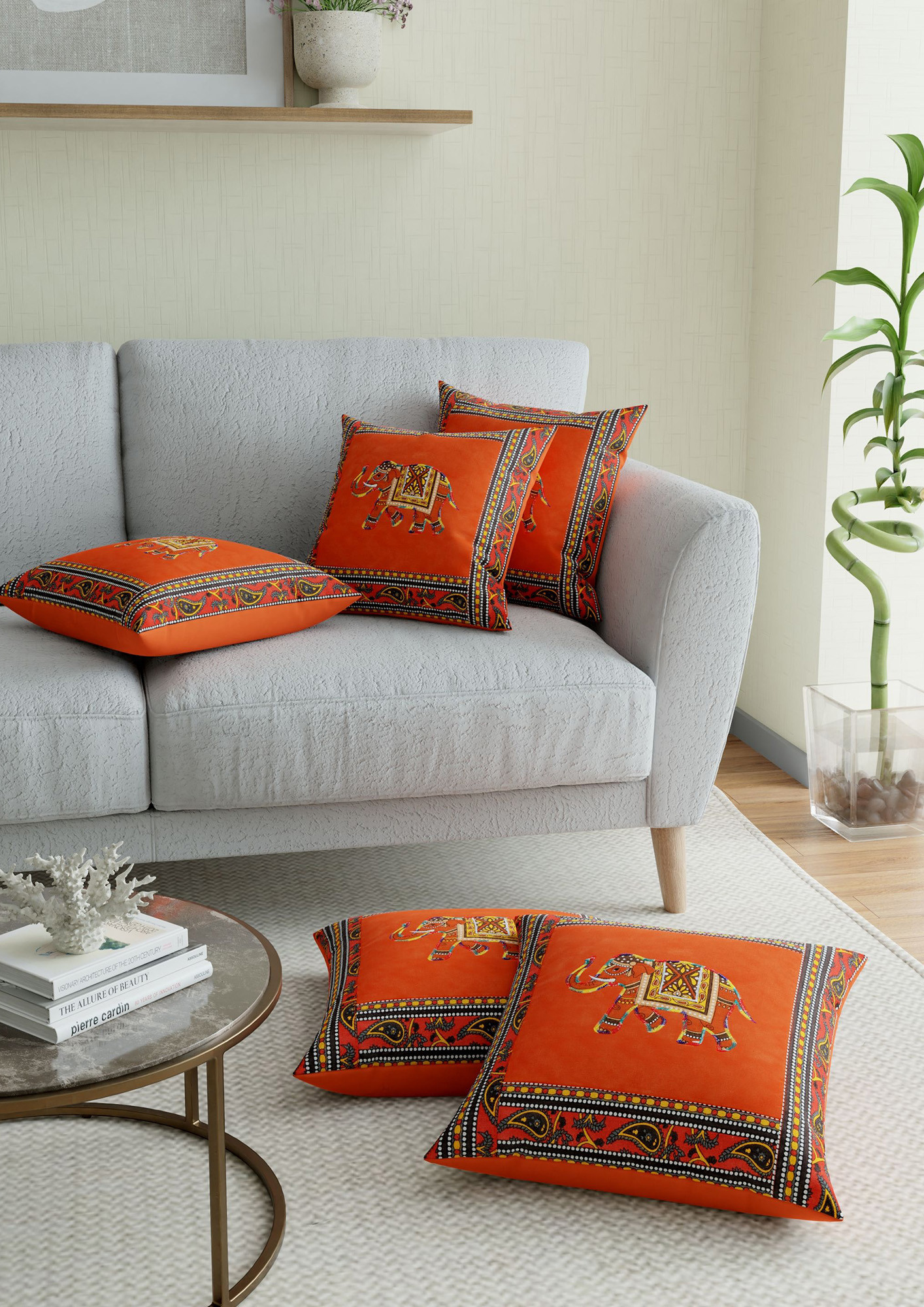 Applique Orange Elephant Cushion Cover Set of 5