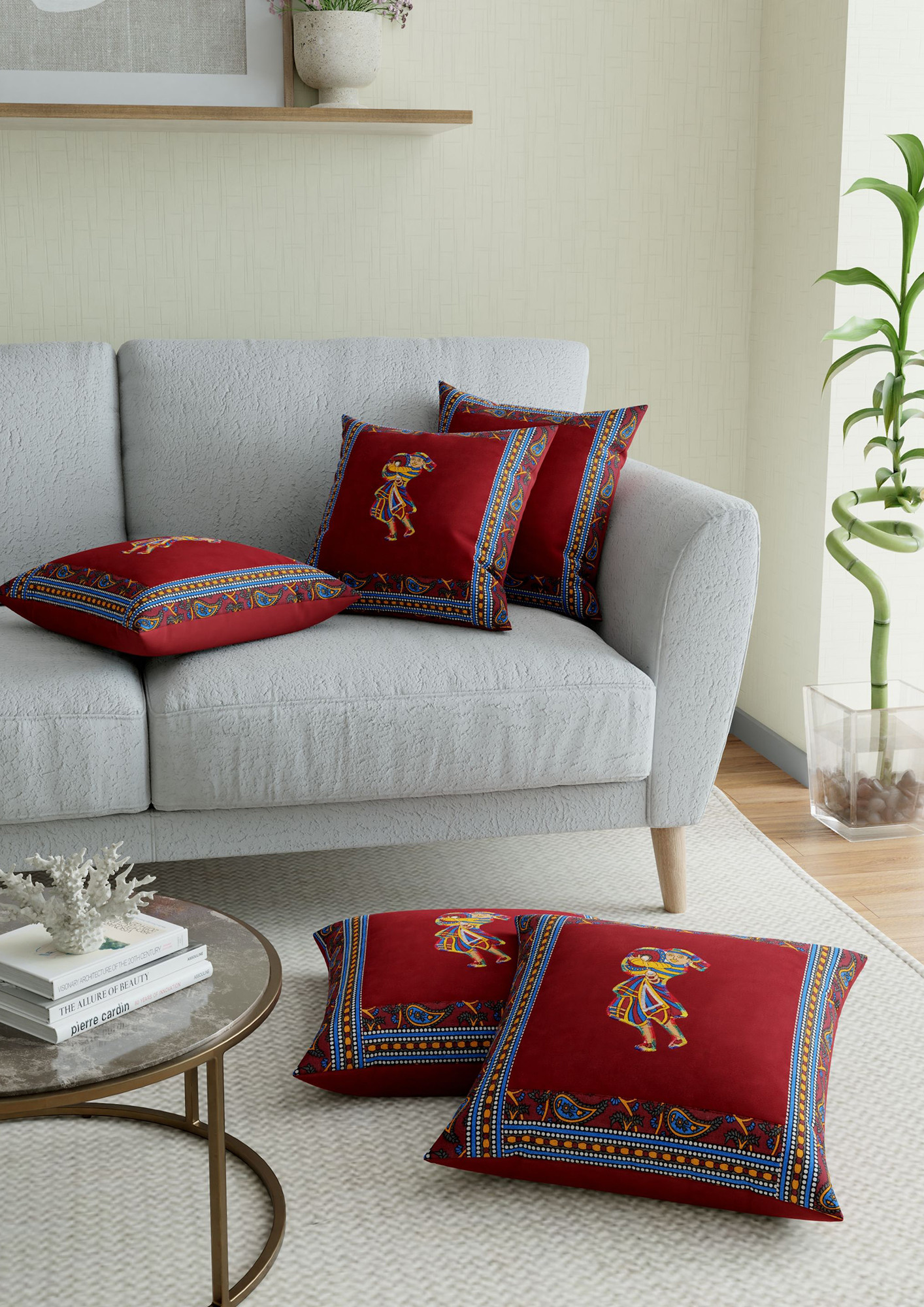 Applique Maroon Chang Dance Cushion Cover Set of 5