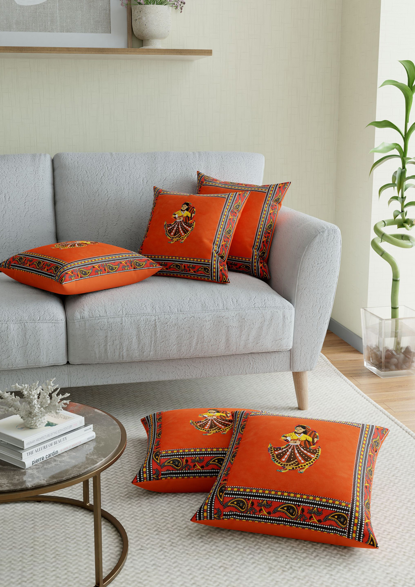 Applique Orange Rajasthani Dance Cushion Cover Set of 5