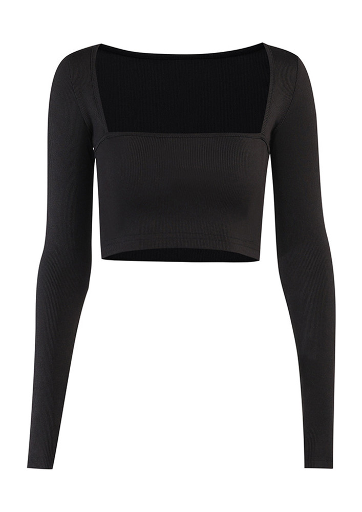 Dreaming In Black, Ribbed Knit, Square Neck, Full Sleeves, Crop Top