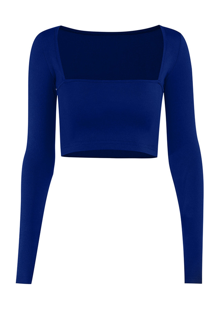 DREAMING IN BLUE, RIBBED KNIT, SQUARE NECK, FULL SLEEVES, CROP TOP