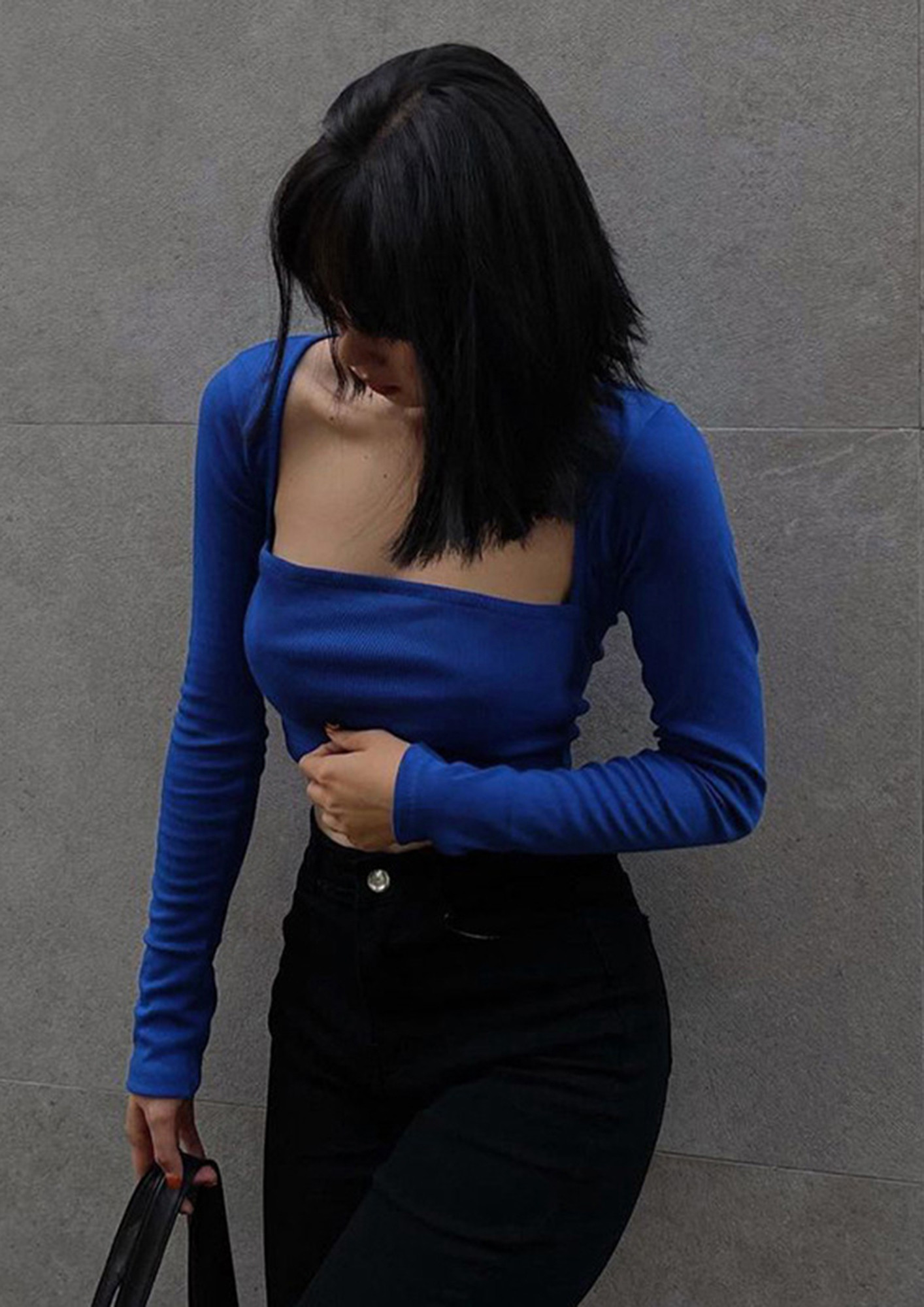 Buy DREAMING IN BLUE, RIBBED KNIT, SQUARE NECK, FULL SLEEVES, CROP
