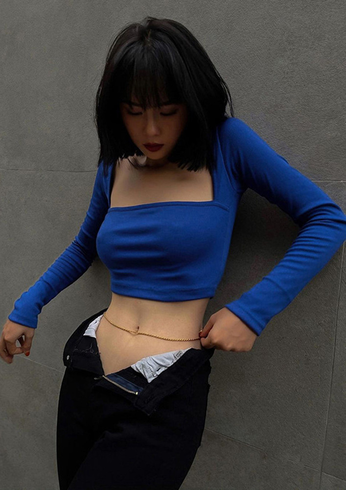 DREAMING IN BLUE, RIBBED KNIT, SQUARE NECK, FULL SLEEVES, CROP TOP