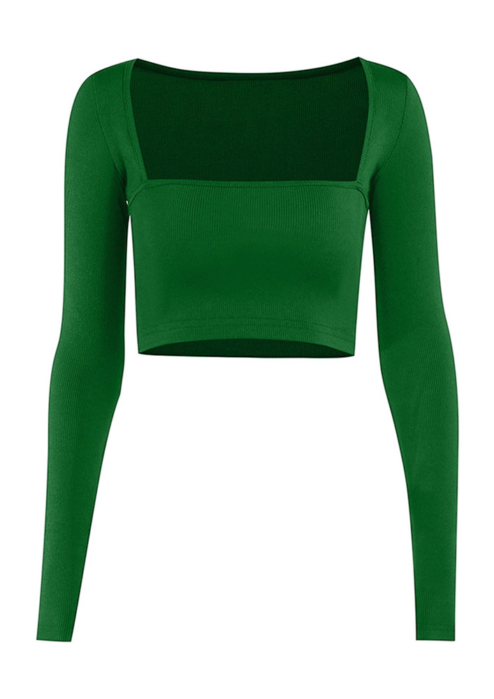 DREAMING IN GREEN, RIBBED KNIT, SQUARE NECK, FULL SLEEVES, CROP TOP