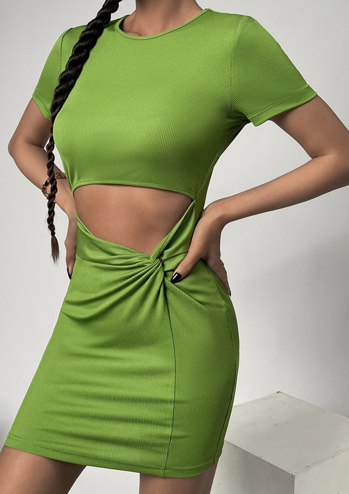 GREEN TWISTED CUT-DETAIL BODYCON DRESS