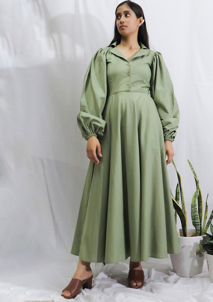 Mona Puff Full Sleeves Classic Formal Olive Light Green Maxi Dress