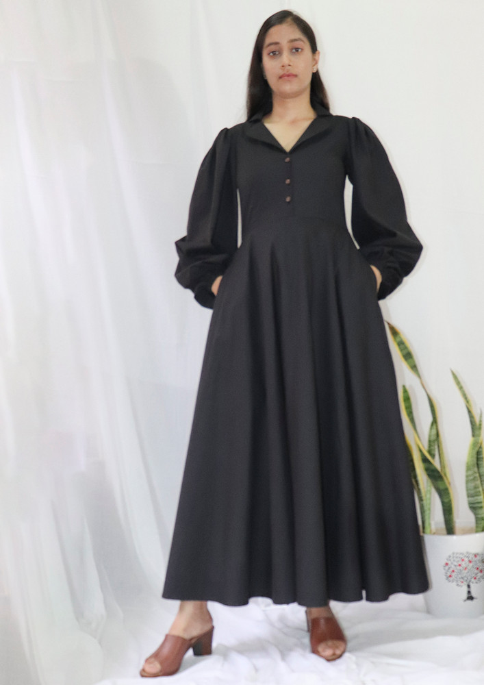 Mona Puff Full Sleeves Classic Formal Black Maxi Dress