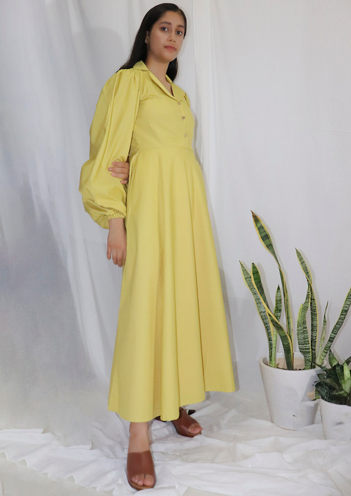 Mona Puff Full Sleeves Classic Formal Yellow Maxi Dress