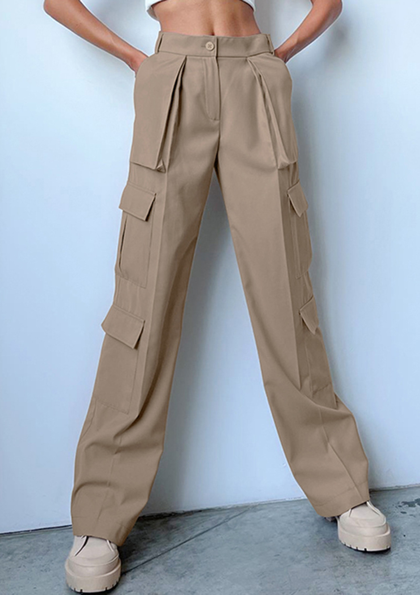 Women's Daily Streetwear Y2K Flap Pockets Pleated Waist Low Rise Cargo Wide  Leg Pants In COFFEE | ZAFUL 2024