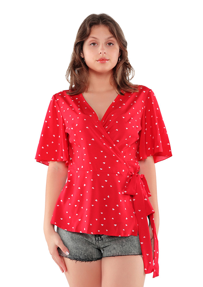 Little Hearts Wrap Around Top In Red
