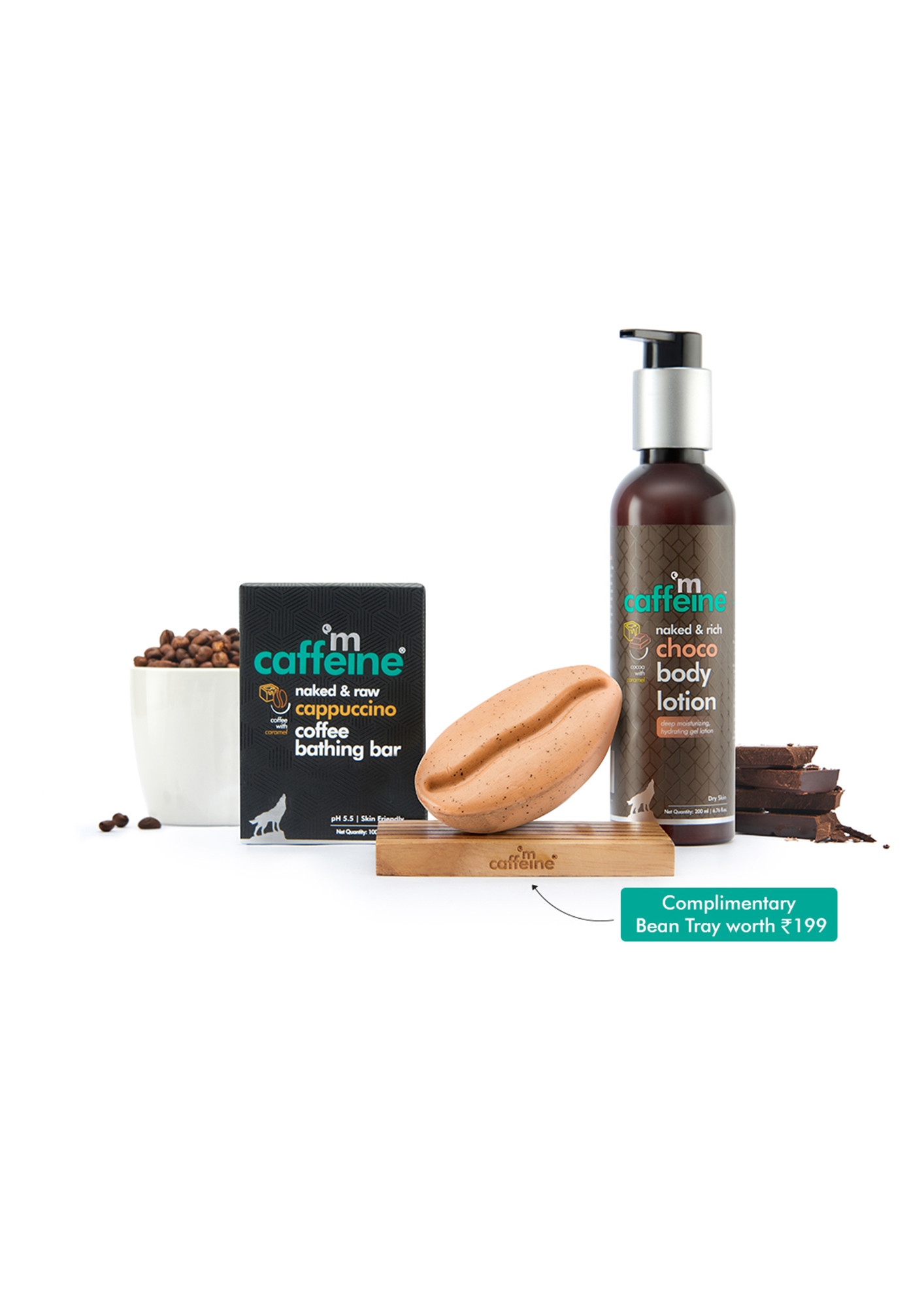 MCAFFEINE DAILY CAPPUCCINO BATH KIT WITH FREE HANDCRAFTED BEAN TRAY: PACK OF BATHING BAR SOAP & BODY LOTION (300GM)