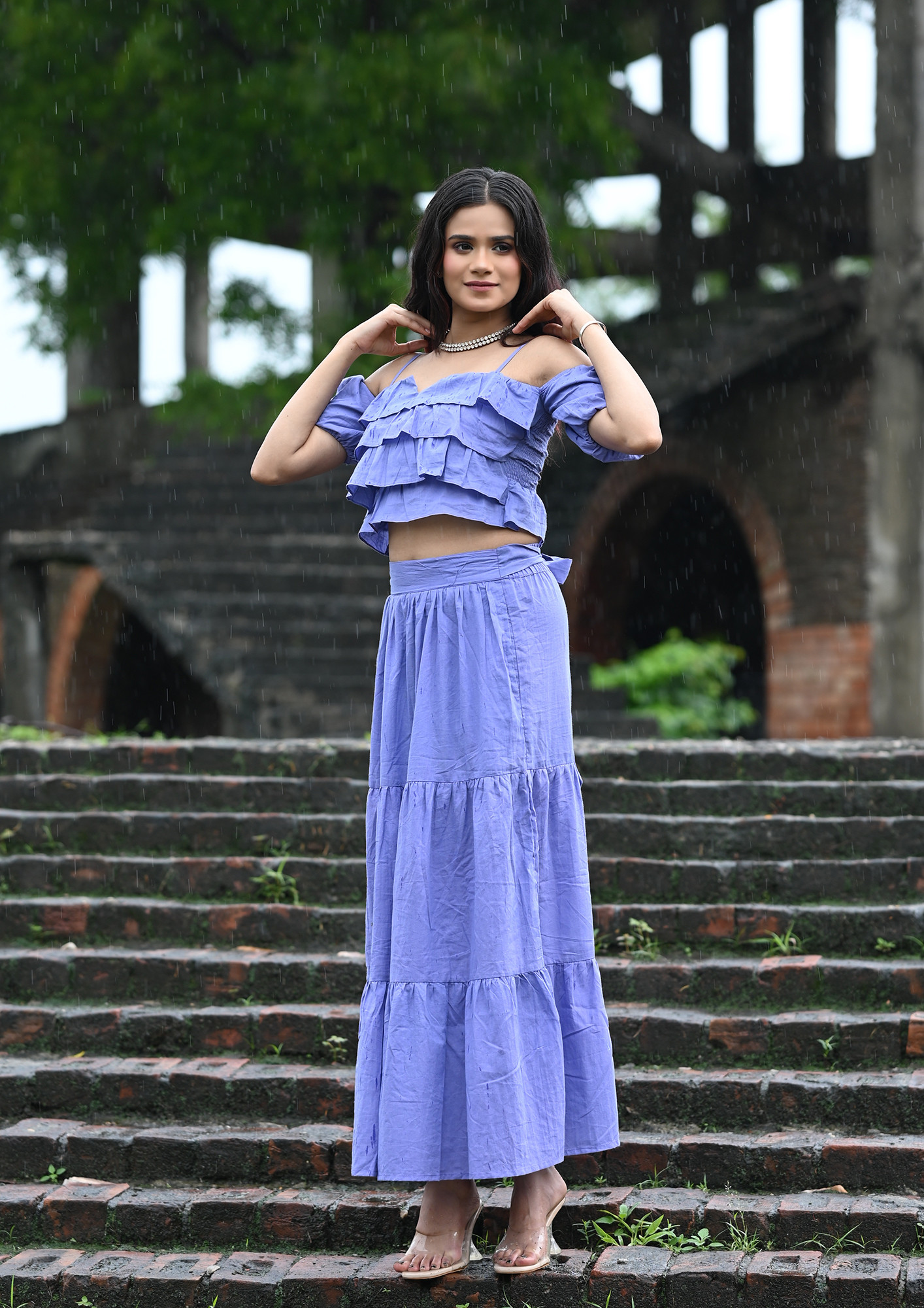 Lavender Strappy Crop Top With  Maxi Skirt
