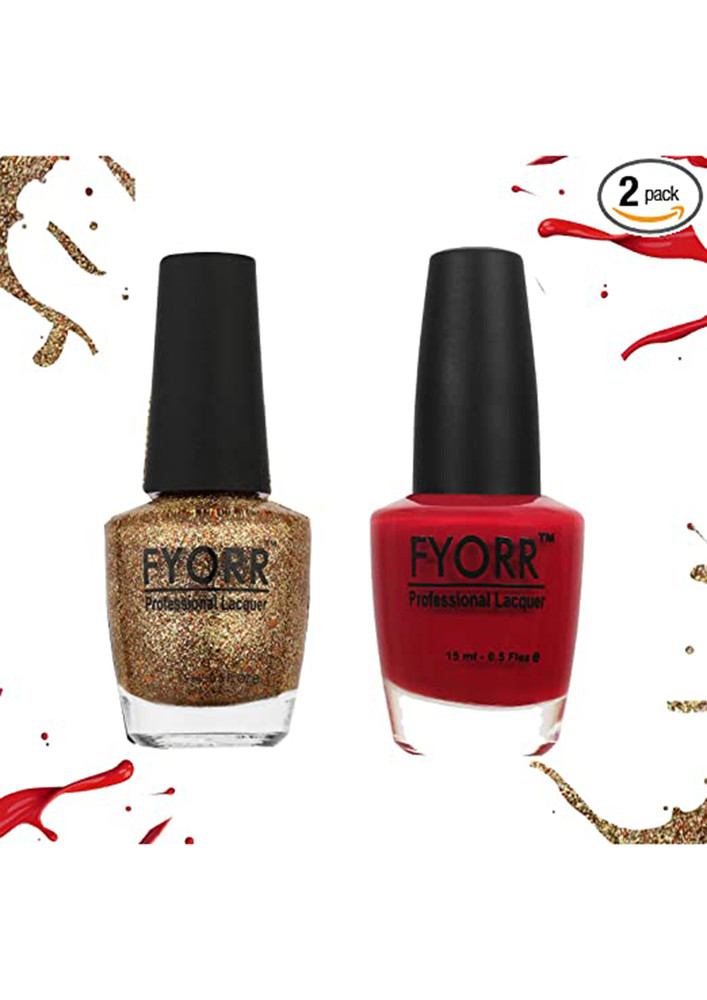 FYORR Cherry Red And Golden Nail Polish - Set of 2 (15 Ml Each)