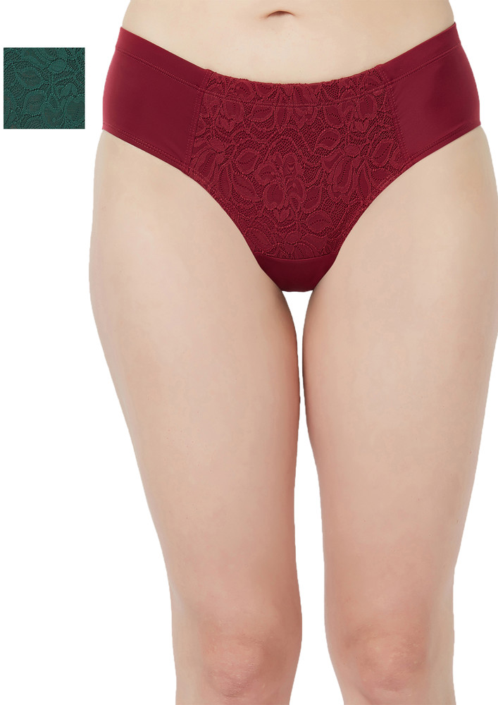 Soie Crimson & Kale Green High Waist Full Coverage Lace Hipster Combo (pack Of 2)