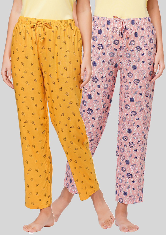 Soie Printed Yellow & Pink Lounge Trousers (pack Of 2)