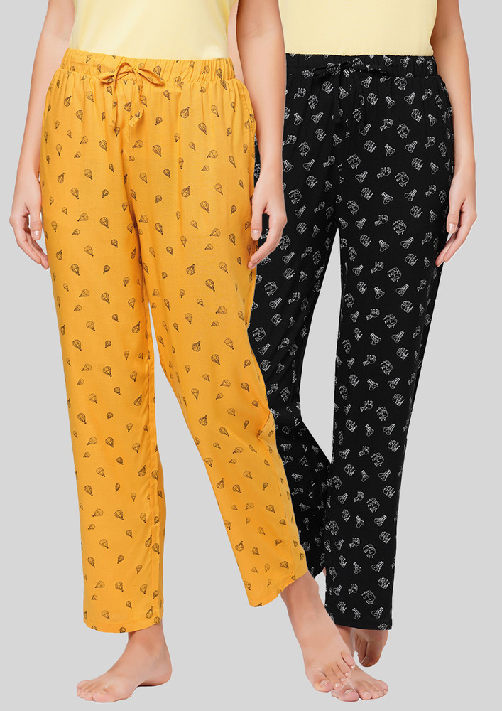 Soie Printed Yellow & Black Lounge Trousers (pack Of 2)