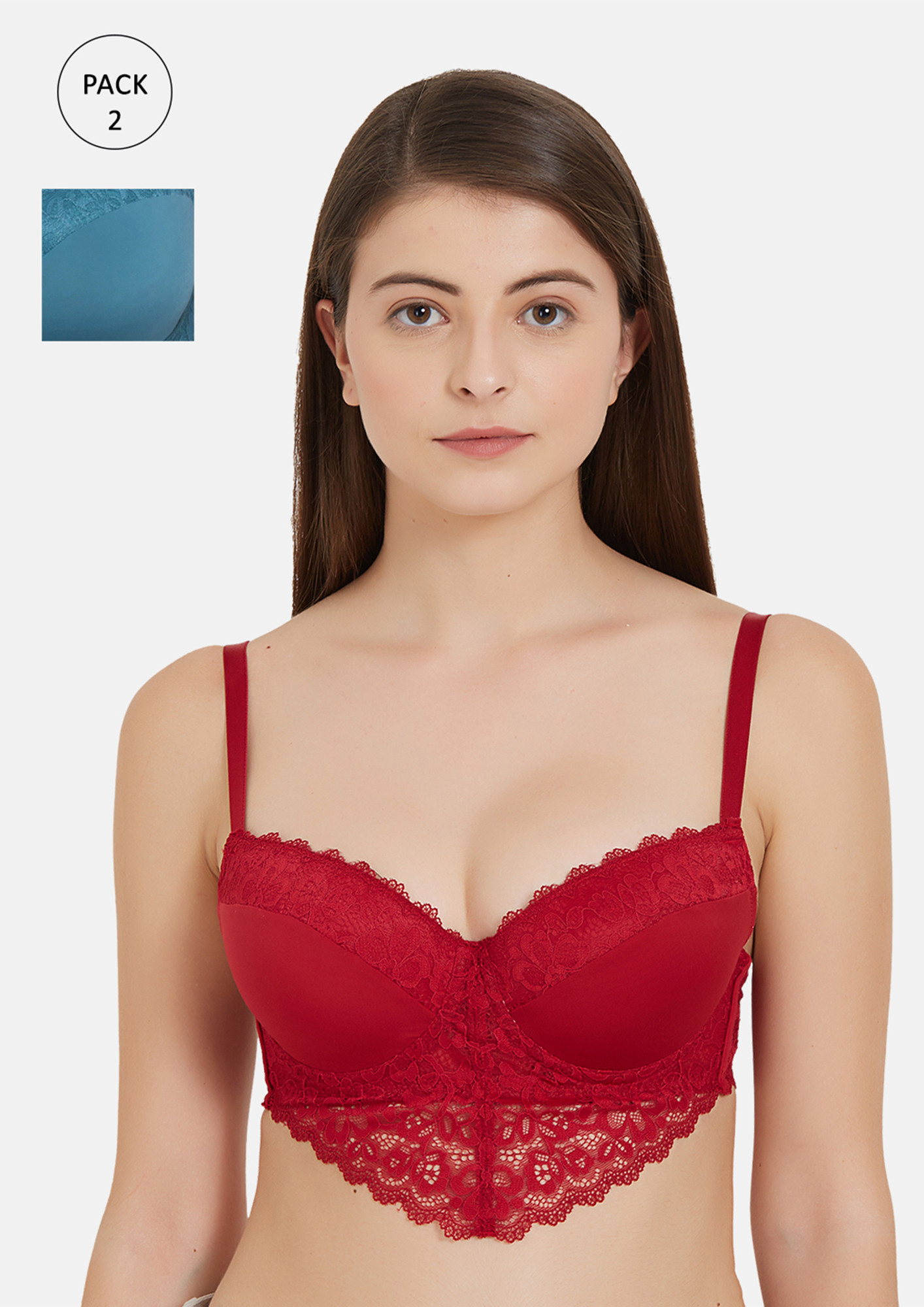 SOIE Medium Coverage Padded Wired Lace Demi Cup Red & Blue Bra(Pack of 2)
