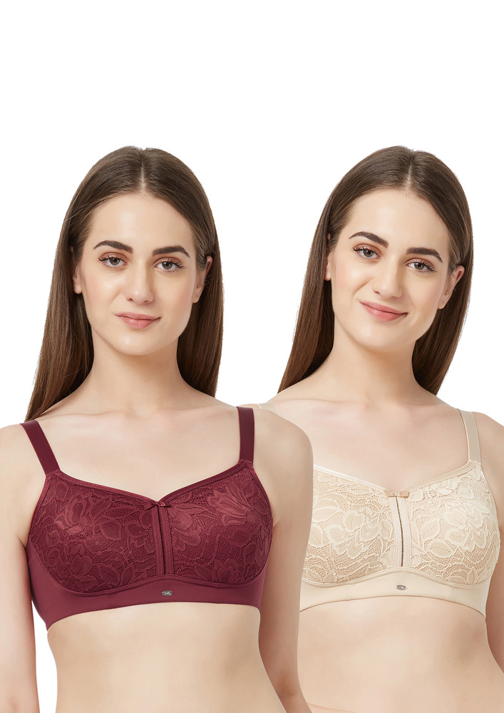 Soie Crimson & Nude Full Coverage Padded Non-wired Lace Bra(pack Of 2)