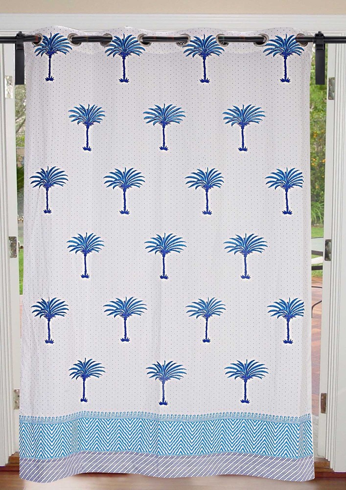 Sky Blue Palm Polka Cotton Premium Grommet Curtain - 7 Feet