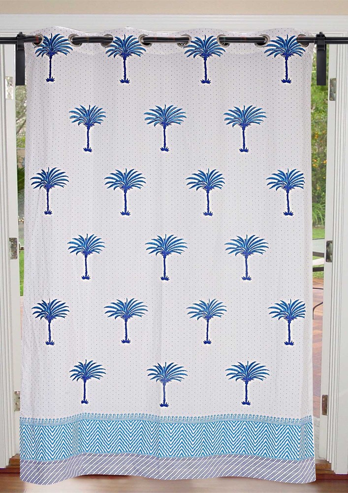 Sky Blue Palm Polka Cotton Premium Grommet Curtain - 9 Feet