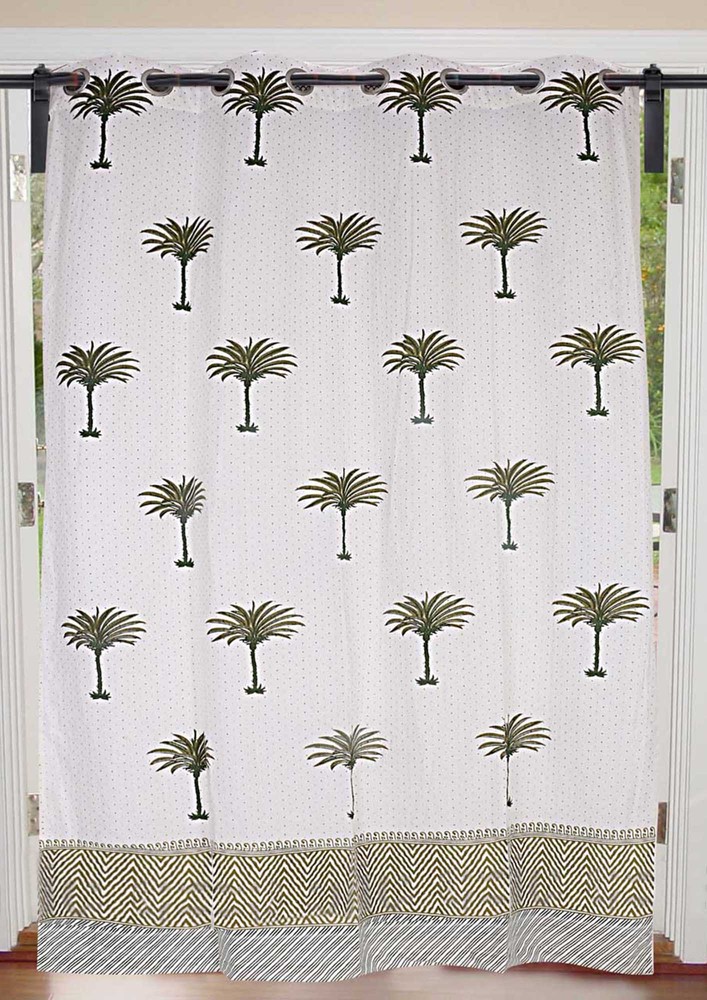 Forest Green Palm Polka Cotton Premium Grommet Curtain - 7 Feet
