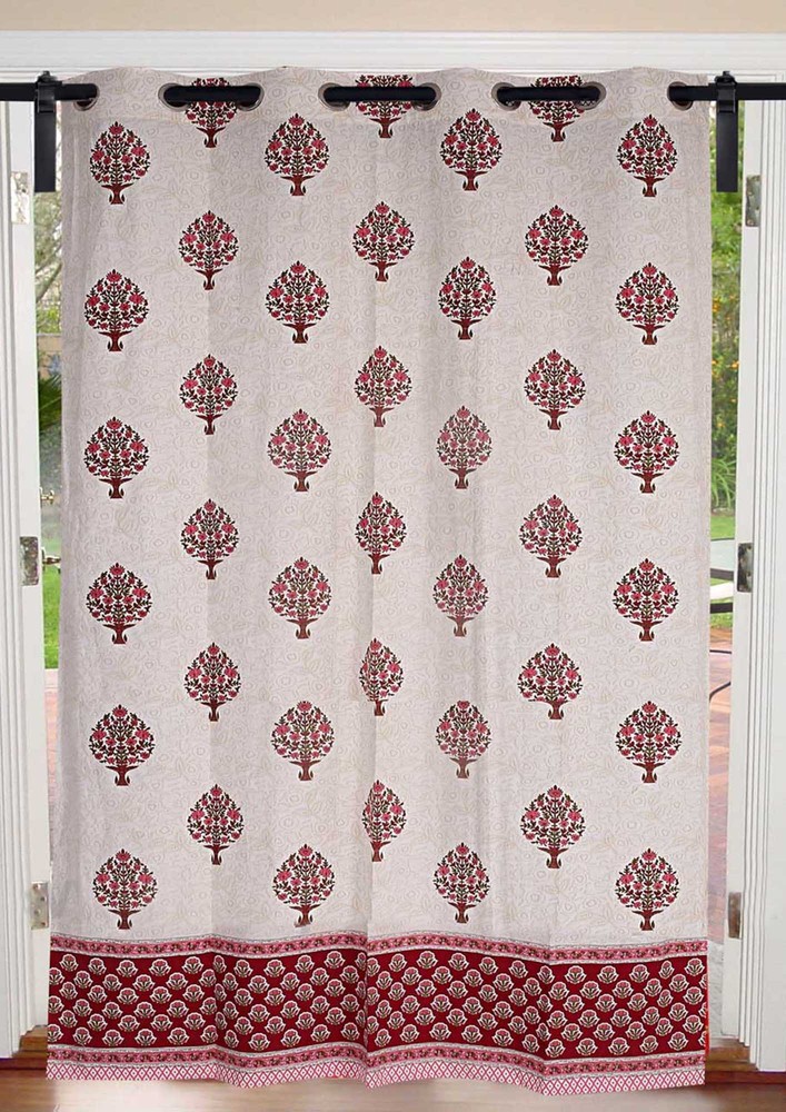 Magenta Pink Floral Bouquet Cotton Premium Grommet Curtain - 7 Feet