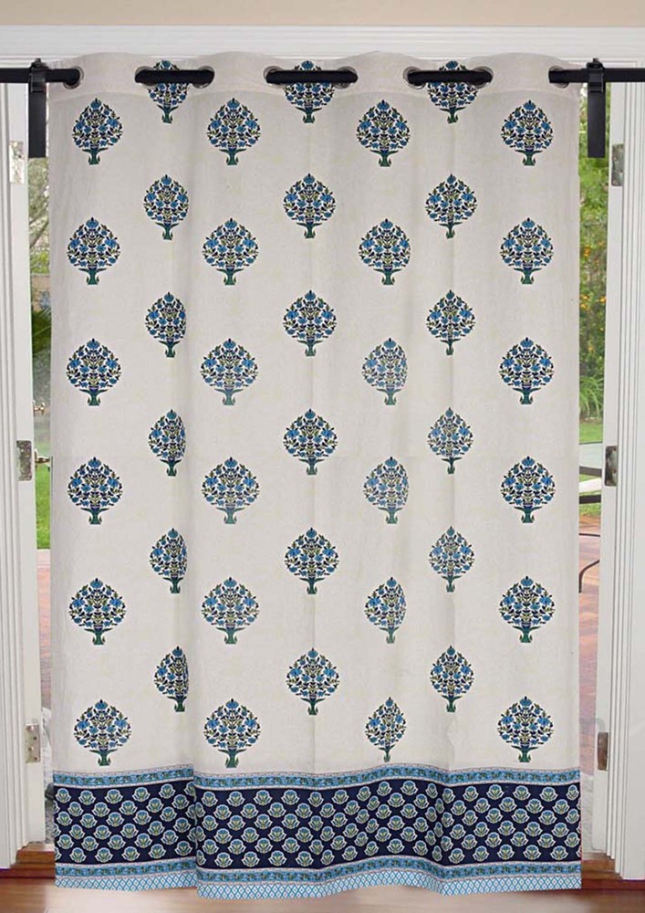 Royal Blue Floral Bouquet Cotton Premium Grommet Curtain - 5 Feet