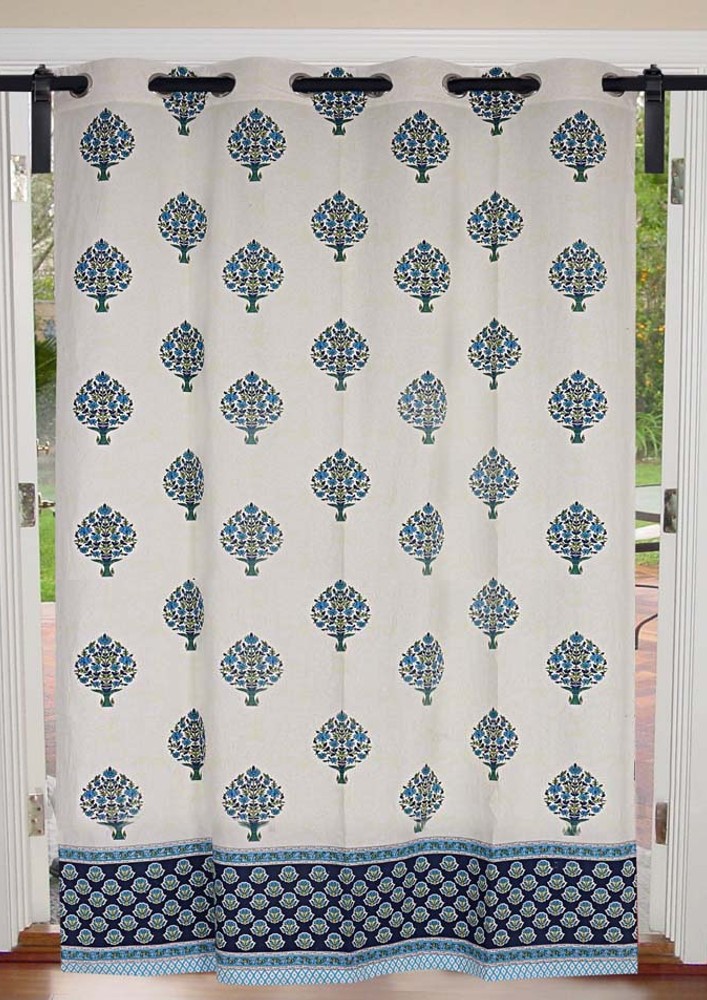 Royal Blue Floral Bouquet Cotton Premium Grommet Curtain - 7 Feet