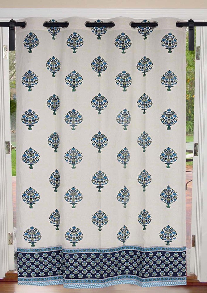 Royal Blue Floral Bouquet Cotton Premium Grommet Curtain - 9 Feet