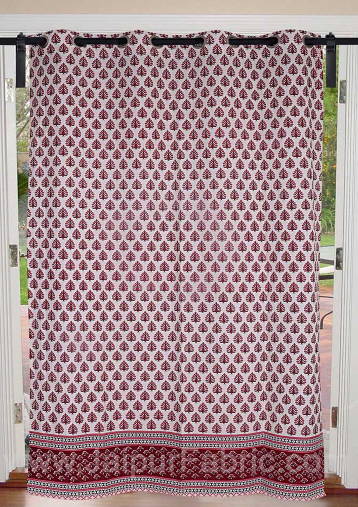 Magenta Pink Floral Geometric Print Cotton Premium Grommet Curtain - 5 Feet