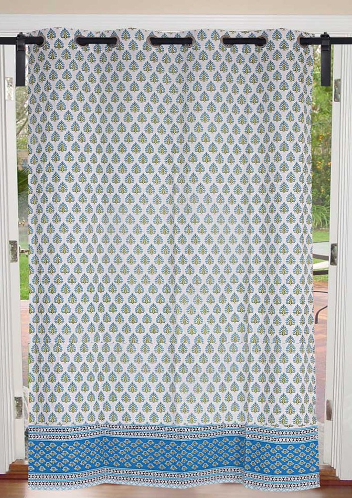 Sky Blue Floral Geometric print Cotton Premium Grommet Curtain - 5 Feet