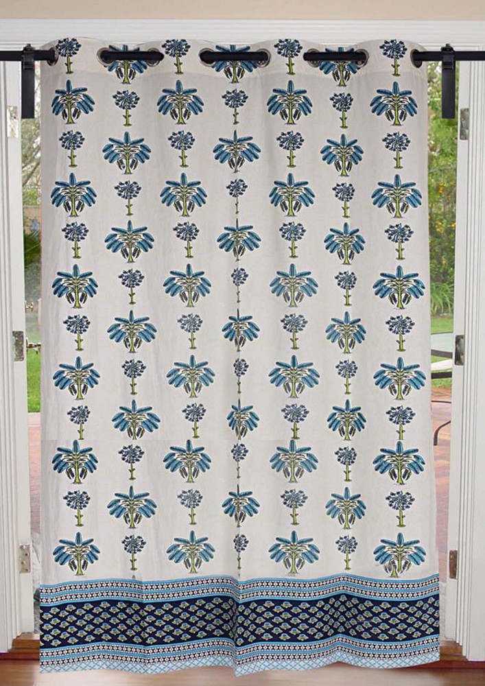 Sky Blue Tree Print Cotton Premium Grommet Curtain - 7 Feet