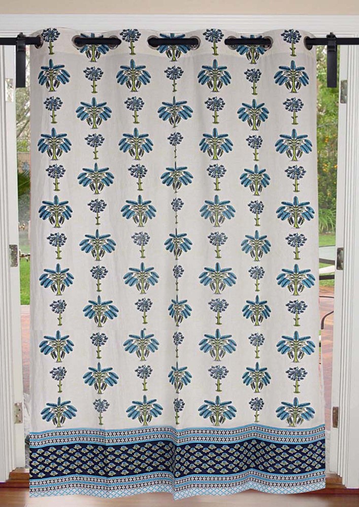 Sky Blue Tree Print Cotton Premium Grommet Curtain - 9 Feet