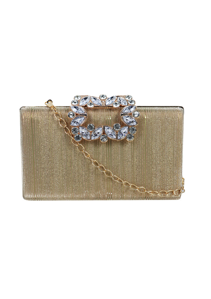 Gold-Toned Embellished Fringed Box Clutch With Chain And Handle