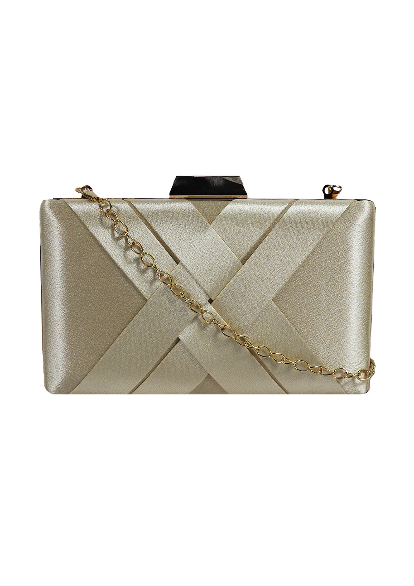 Women Gold-Toned Solid Quilted Box Clutch With Chain And Handle