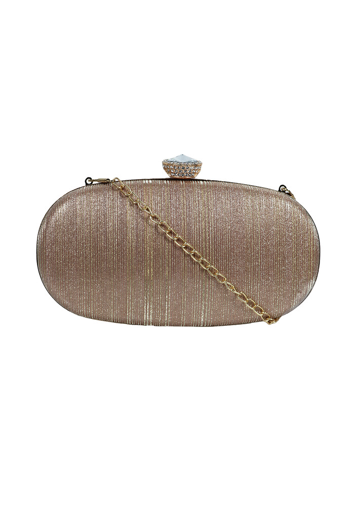 Golden-Toned Party Textured Purse Clutch With Chain