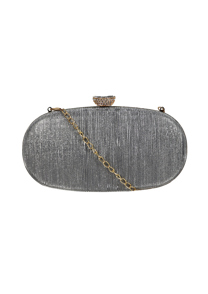 Silver-Toned Party Textured Purse Clutch With Chain