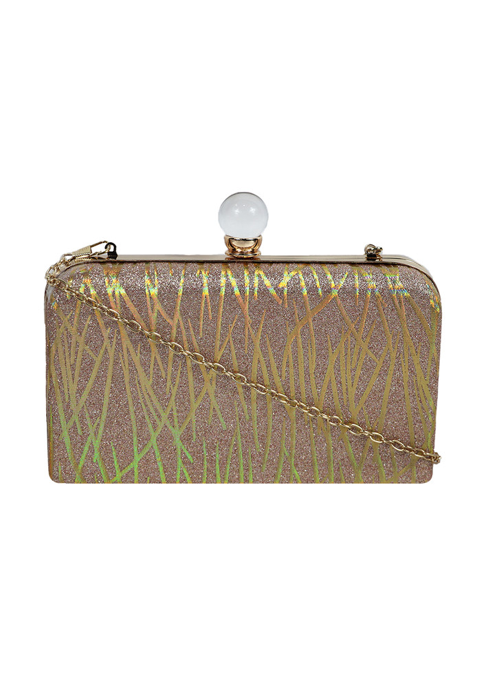 Beige Printed Box Clutch With Chain