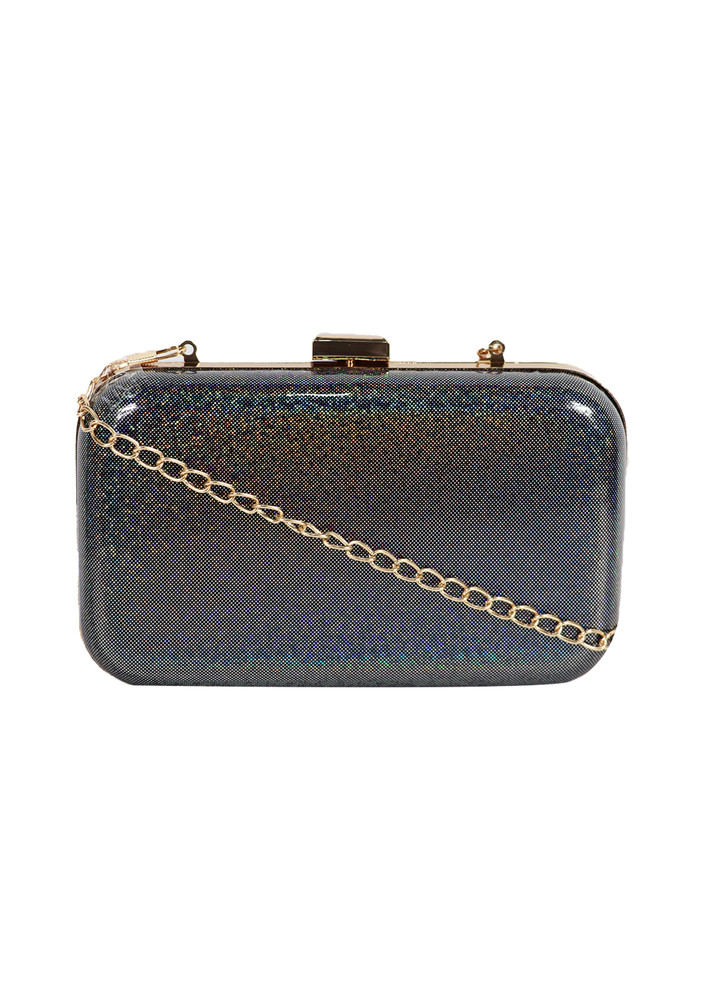 Black Shimmer Box Clutch With Chain Strap