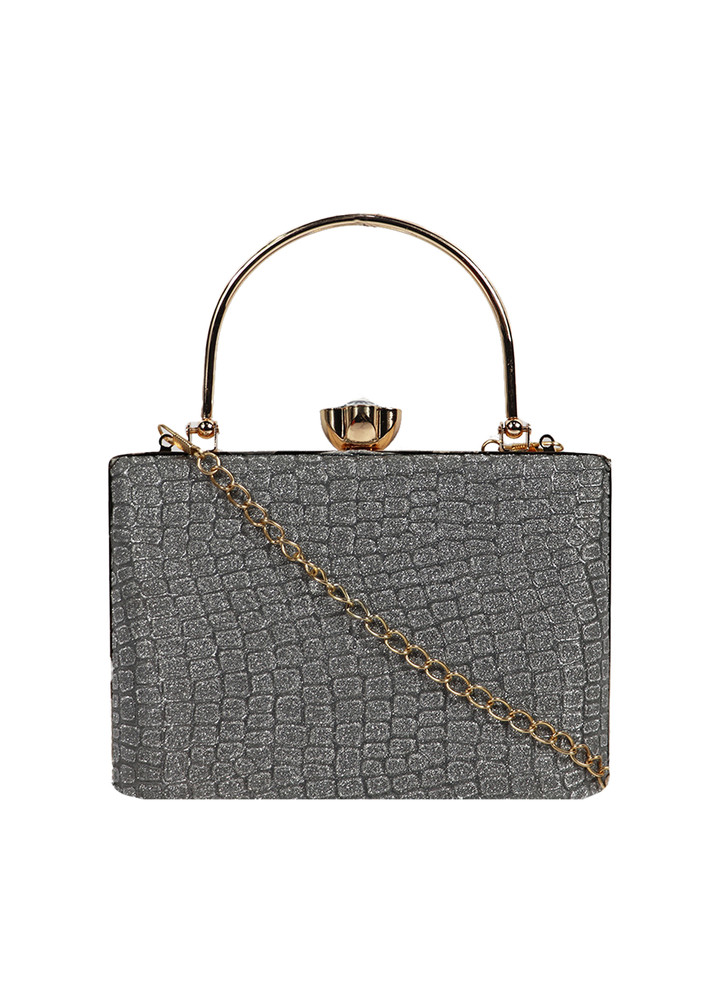 Grey Textured Party Clutch With Handle & Chain