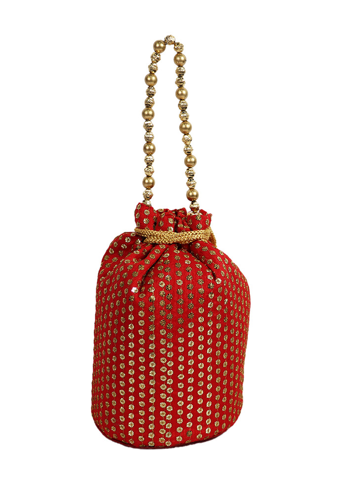Embellished Red Colored Clutch Potli Bag
