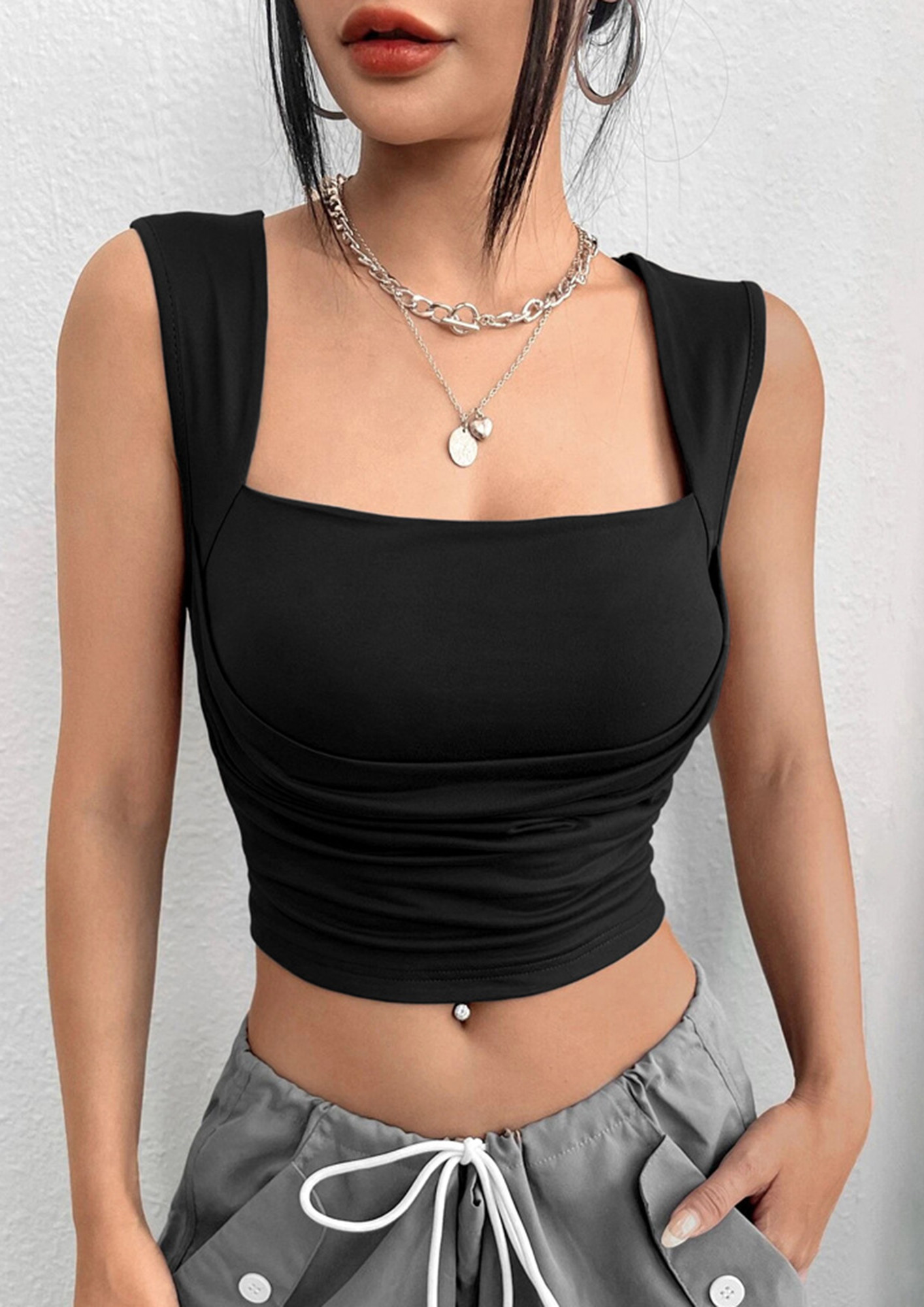 Buy BLACK KNIT SQUARE-NECK CROP TOP for Women Online in India