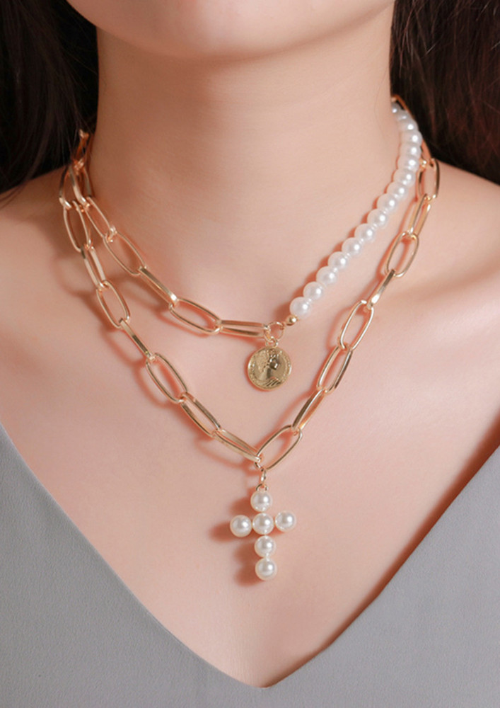 Cross & Pearls Golden Layered Necklace