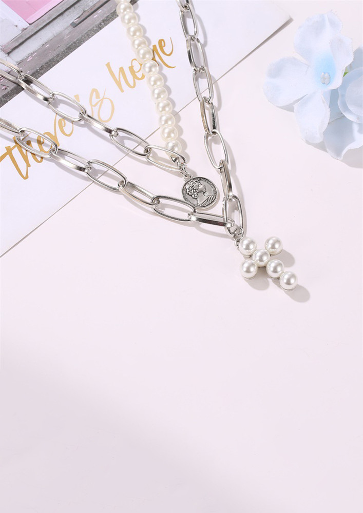 Cross & Pearls Silver Layered Necklace