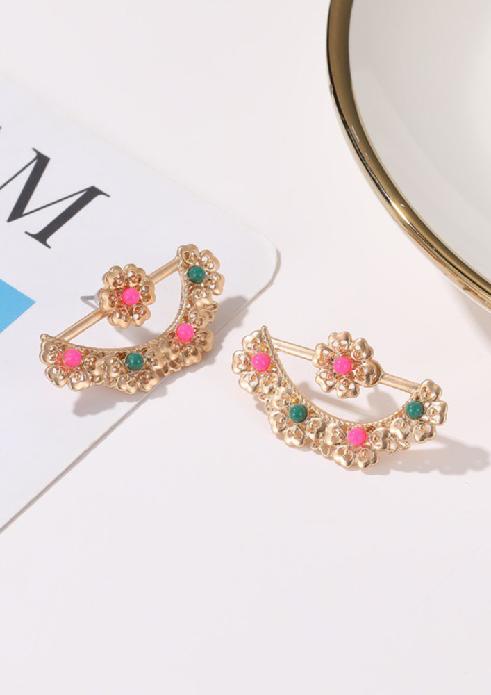 Pink & Green Gold-tone Traditional Earrings