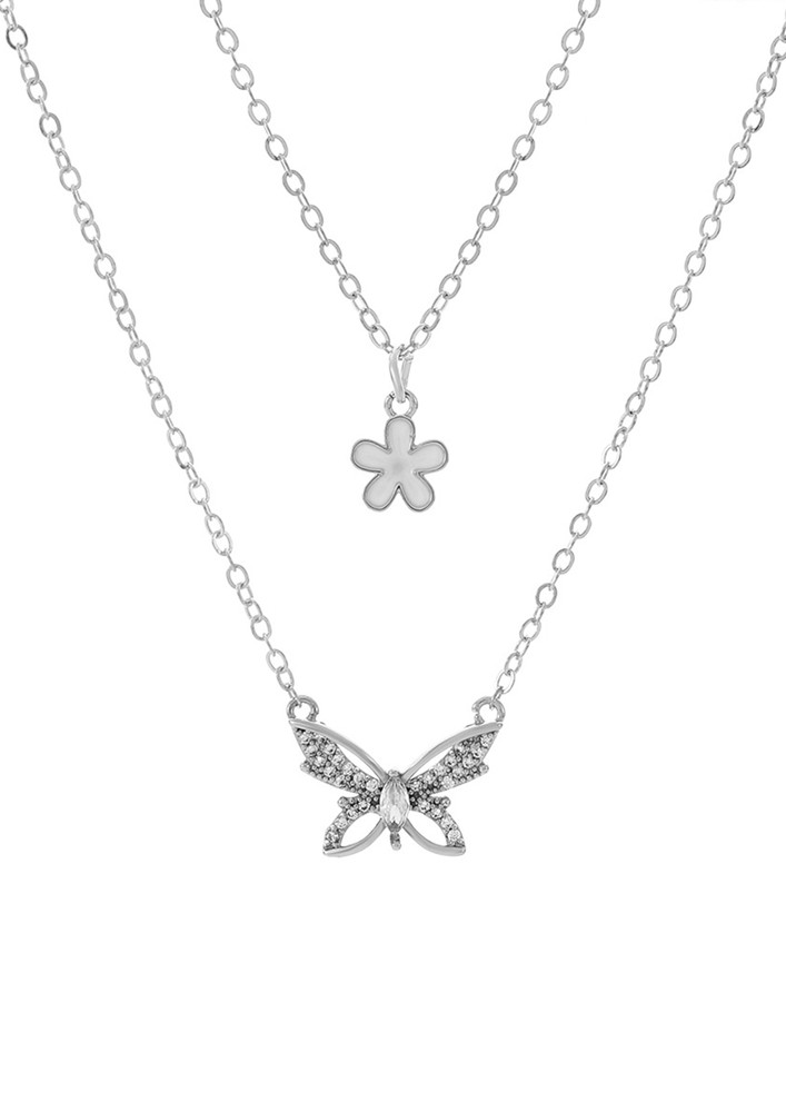 Floral Butterfly Silver Layered Necklace