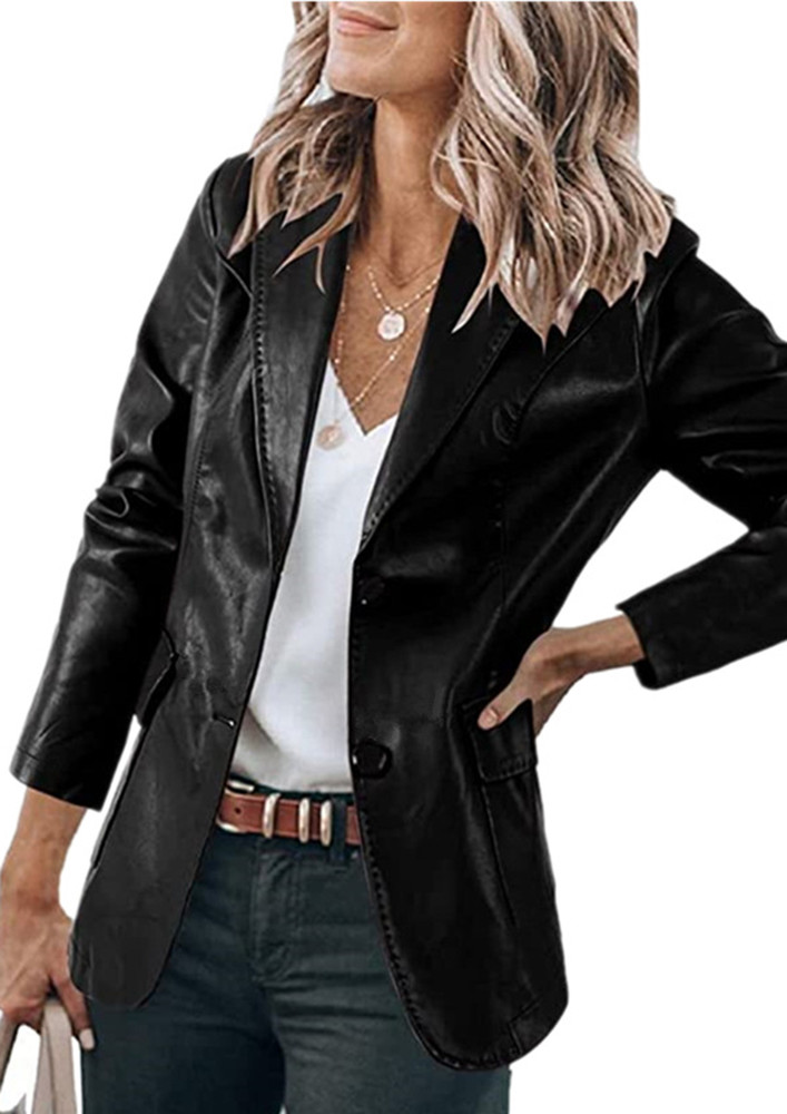 THE BUTTON-DOWN FAUX LEATHER BLACK JACKET