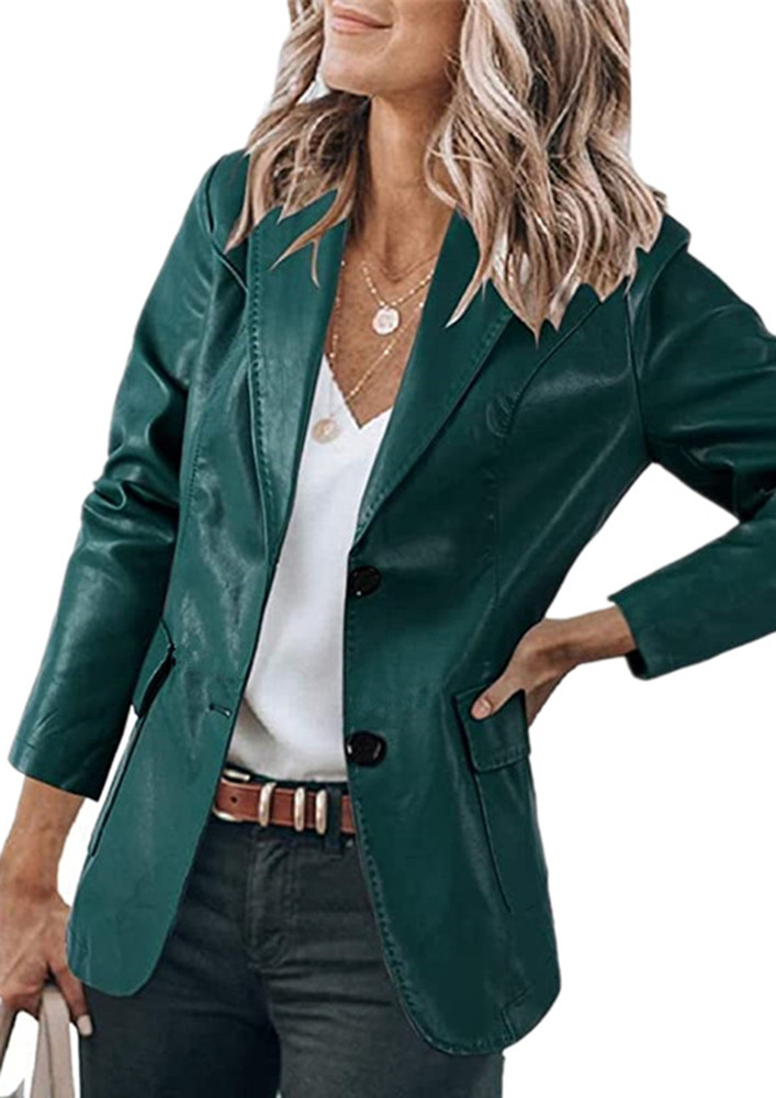 BUTTON-DOWN FAUX LEATHER DARK GREEN JACKET