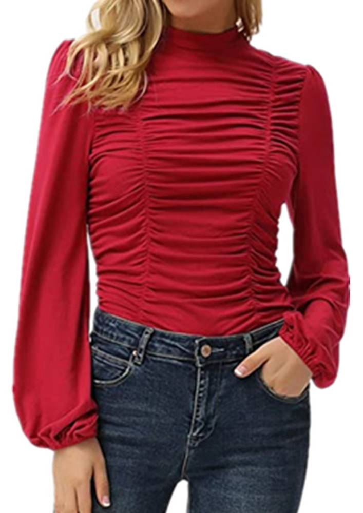 ALL-RUCHED FRONT CUFF SLEEVE RED BLOUSE