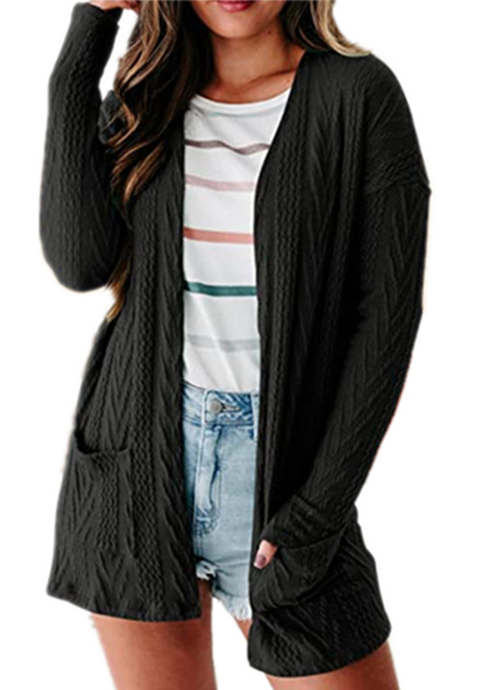 THE KNITTED BLACK TEXTURED OPEN FRONT CARDIGAN